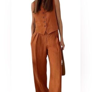 Commense Orange Vest + Pants Set Cotton Linen Two Piece‎ Set Womens XS NWT